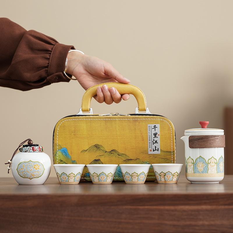 Outdoor travel tea set portable storage bag household one pot four cups ceramic express cup bubble teapot custom printing