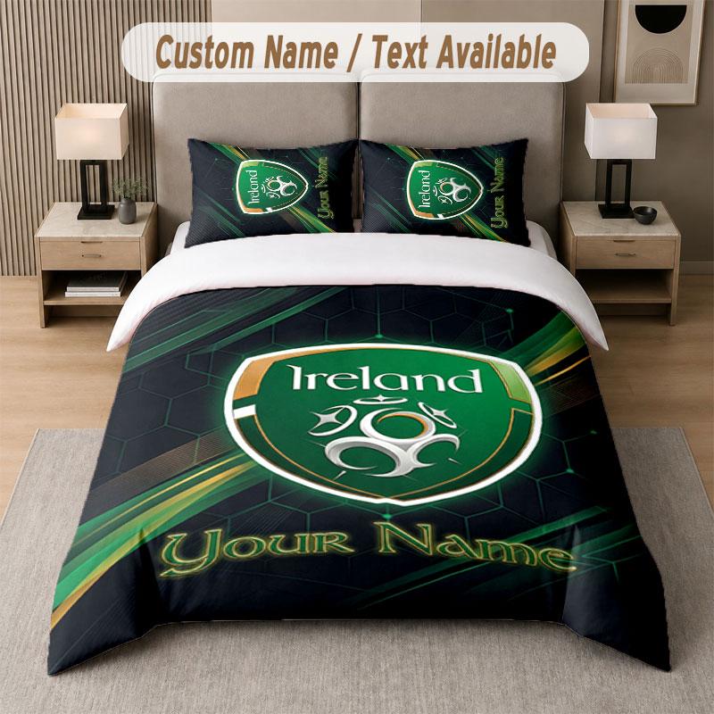 Custom Bedding Set Ireland Rugby Pattern, Print Name Text 1 Duvet Cover plus 2 Pillowcases Home Textile