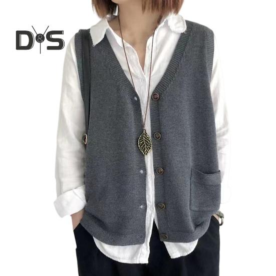 Женский вязаный жилет с V-образным вырезом без рукавов, однобортный теплый жилет, однотонный свободный крой, трикотажные майки с карманами