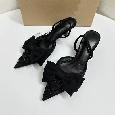 Инста-стиль Черный жемчуг Вышивка Кружево Сетка Женские туфли Лето Бант Слингбэки Тонкий Высокий каблук Вечеринка Леди Мюли Обувь