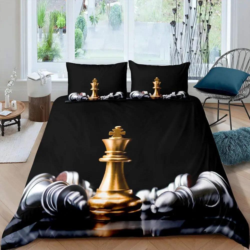 International Chess Duvet Cover Set Queen Size Chess Lovers Постельное белье для детей и взрослых Микрофибра Черная основа 23 шт Пододеяльник