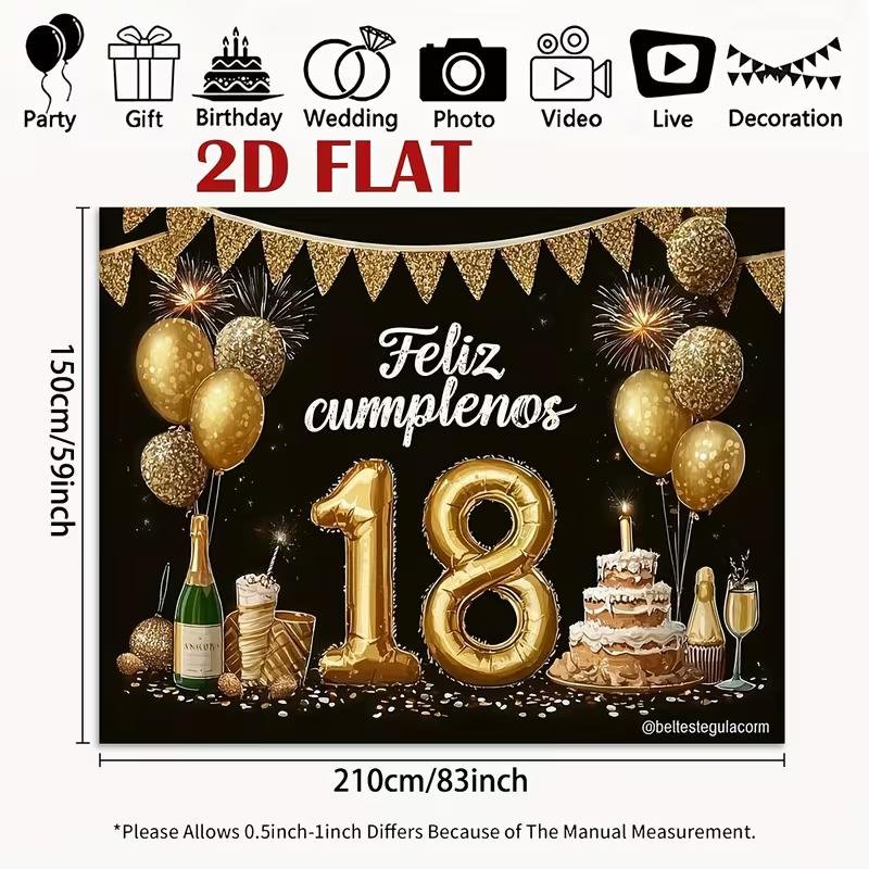 2D Black Gold 18th Birthday Photography Backdrop with Feliz Cumpleaños