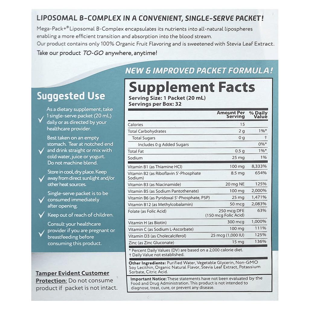 Липосомальный комплекс витаминов B, 32 упаковки, 20 мл (0,68 жидких унций) Каждый