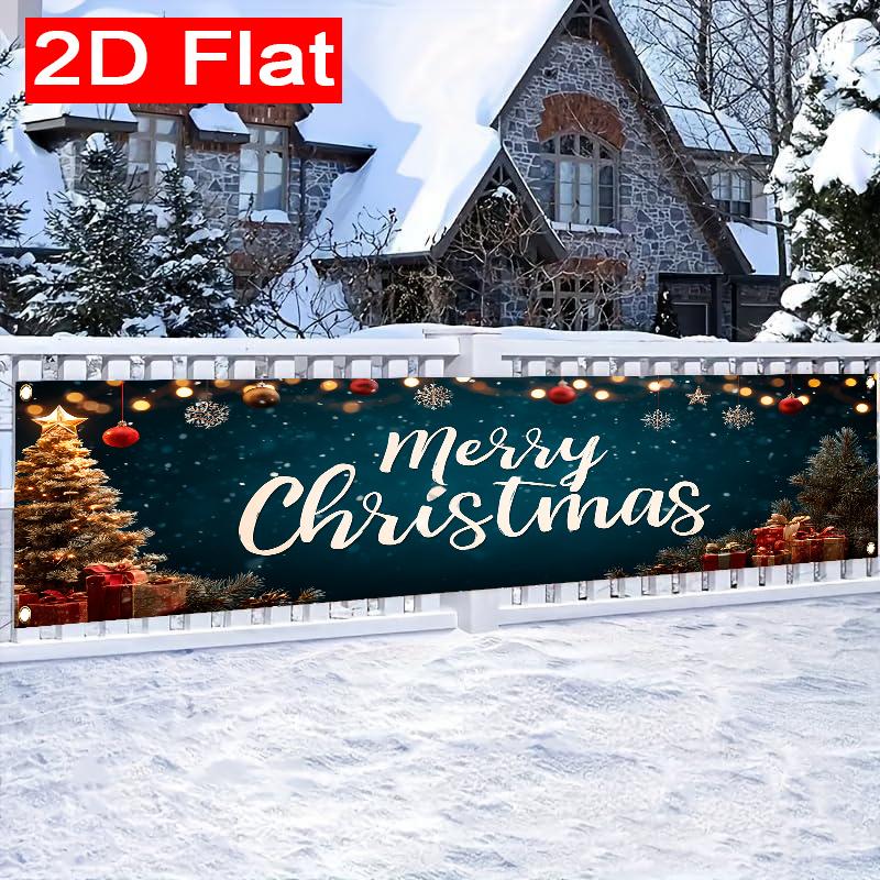 Merry Christmas Fence Banner, Pattern Polyester Outdoor Lawn Wall Holiday Party Decoration