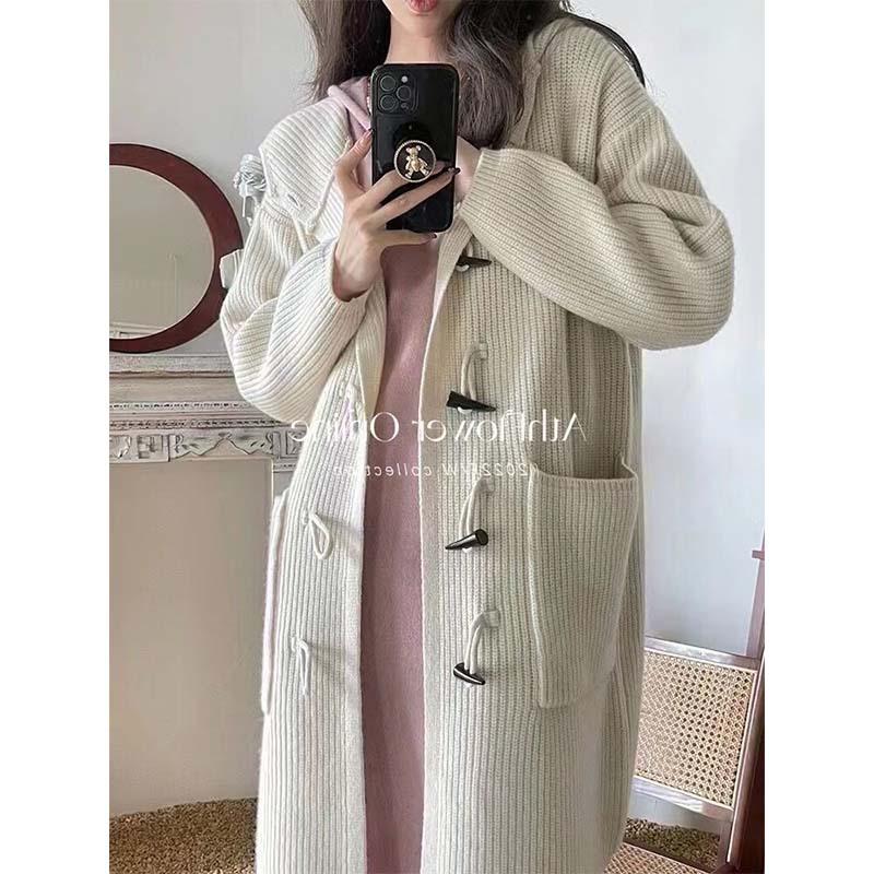 Осенне-зимний женский свитер, пальто, вязаный кардиган с пуговицами из бычьего рога, свободный кардиган средней длины с капюшоном, большая версия ленивого свитера, пальто