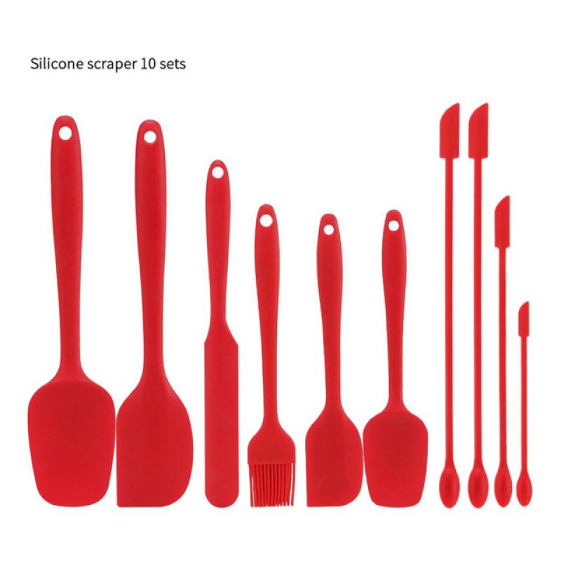 Red Silicone Spatula Set Rubber Scraper 10-Piece Kitchen Baking Utensils for Cooking Stirring Suitable for Non-stick Pans