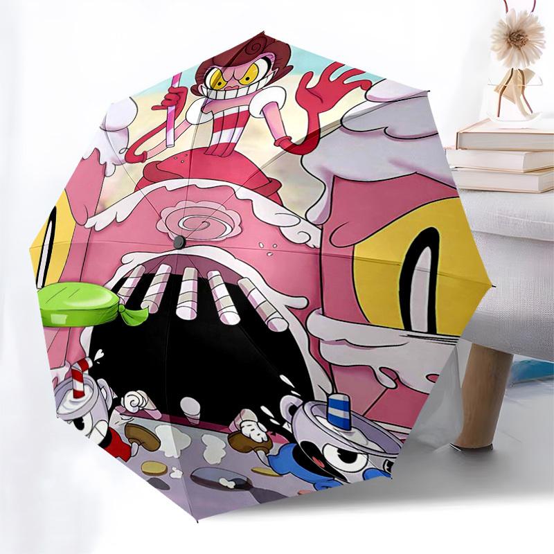 1pc Pink Panther & Cuphead Outdoor Umbrella - Automatic Opening/Closing, Portable 3-Fold Design with 8-Bone Iron Frame - Perfect Gift for Fans, Travel
