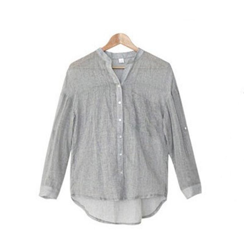 Летняя солнцезащитная блузка из японского хлопка и льна со стойкой