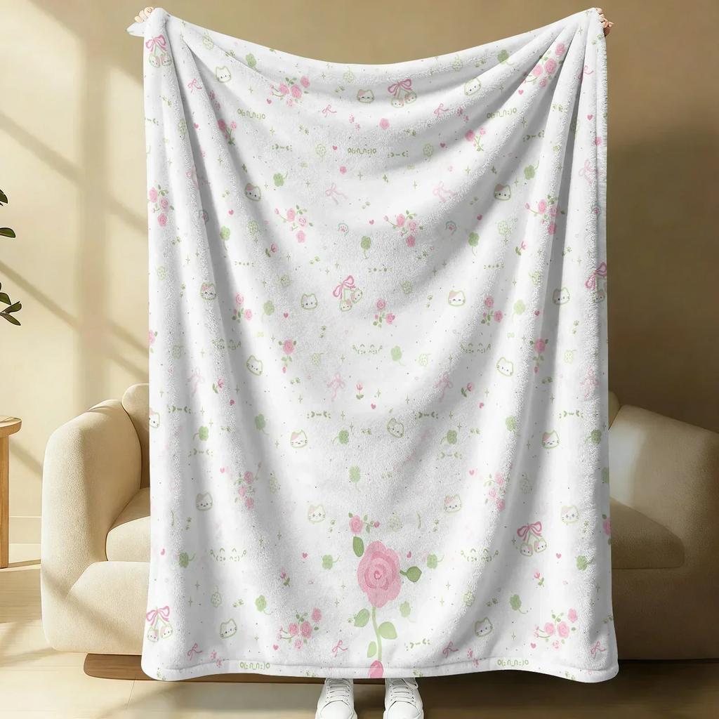 Sanrio Hello Kitty Plush Flannel Blanket Lightweight Throw Pink Gingham Apple Blanket Bed Sofa Cover School Office Nap Shawl