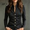 Office Business Outerwear Women Stand Collar Striped Blazer, Slim Fit Single-Breasted Daily Wear Blazer Blouse Top, Casual Jacket Anti Wrinkle Formal