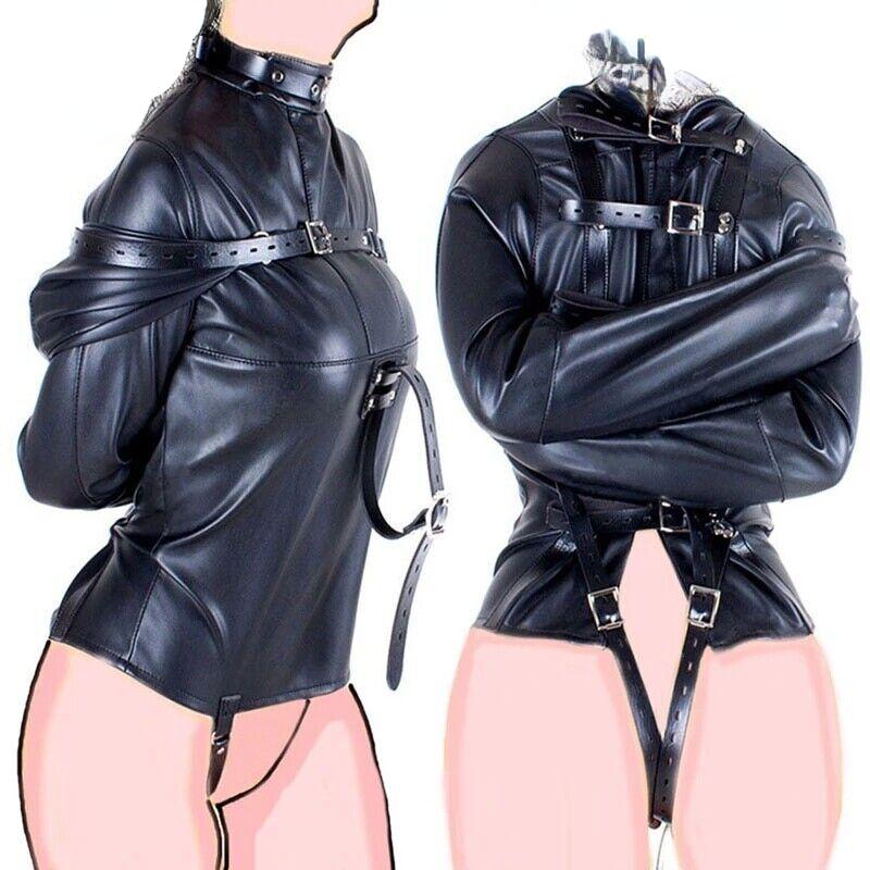 Костюм смирительной рубашки из ПУ кожи, ремни-ограничители, бондаж для тела, армбайндер, секс-игрушка для женщин и мужчин