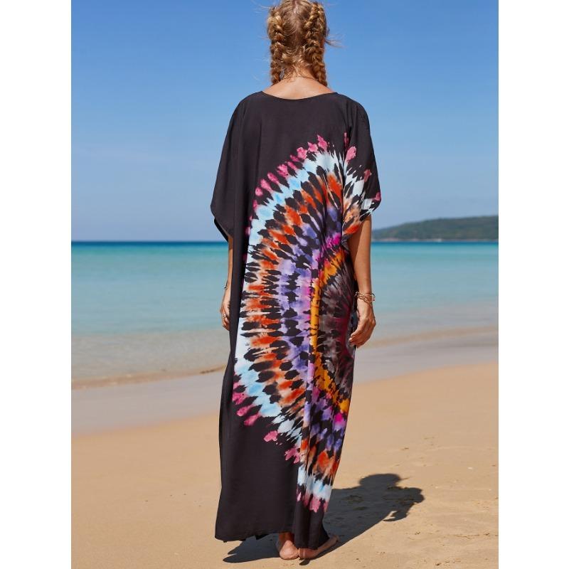 Женская мода лето весна цвет блок принт короткий рукав V-образный вырез свободная талия повседневные платья