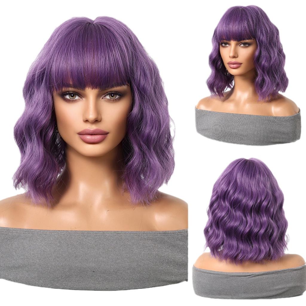 Women's Front Lace Heat Resistant Short Curly Wig with Blunt Bangs Ladies Fashion Natural Looking Golden Bobo Wig