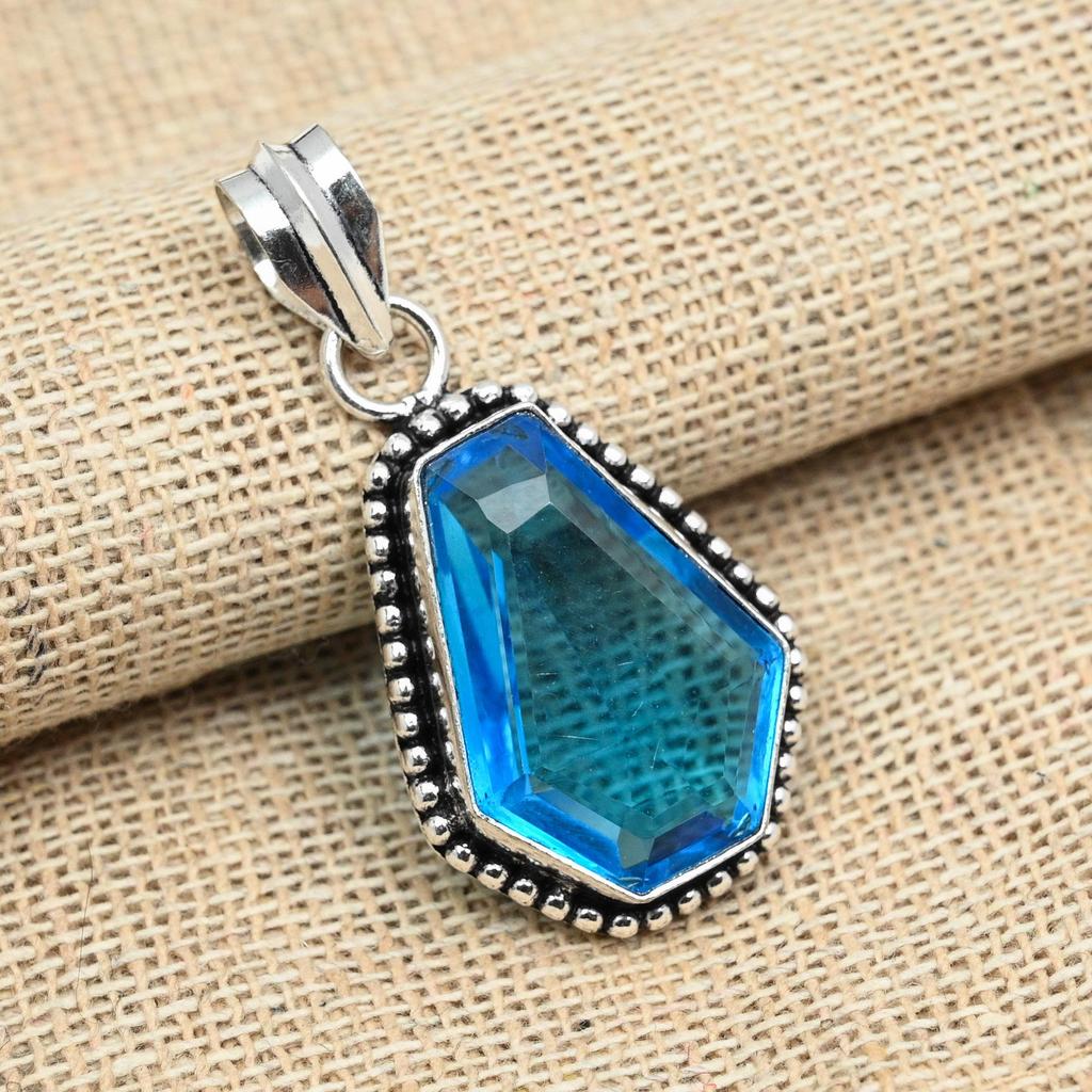 Blue Topaz 925 Sterling Silver Handmade Gemstone Jewelry Beauteous Pendant