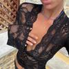 Aesthetic Lace Top Women Sexy Clothing See Through Deep V Neck Flared Long Sleeve T Shirts Party Clothes Clubwear