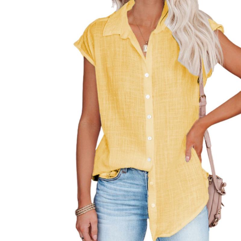 Женская однотонная хлопковая льняная блузка с коротким рукавом, весна-лето, рубашки большого размера на пуговицах, свободные длинные топы с лацканами больших размеров