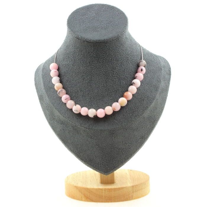 Stones and Minerals. Necklace 20 Pink Opal Beads 8 Mm. Stainless Steel Chain Necklace Women Men. Customizable Size.