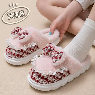 Хлопковые тапочки женские зимние бархатные утолщенные с бантом теплые домашние комнатные напольные бытовые пушистые хлопковые тапочки