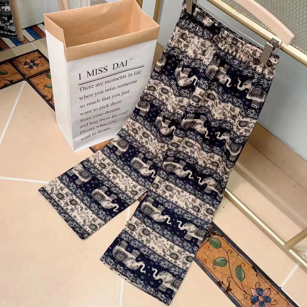 Long Elephant Pants Adjustable Elastic High Waistband Strap Loose Leg Women Print Thailand Casual Streetwear Beach Bohemian Retro Vintage