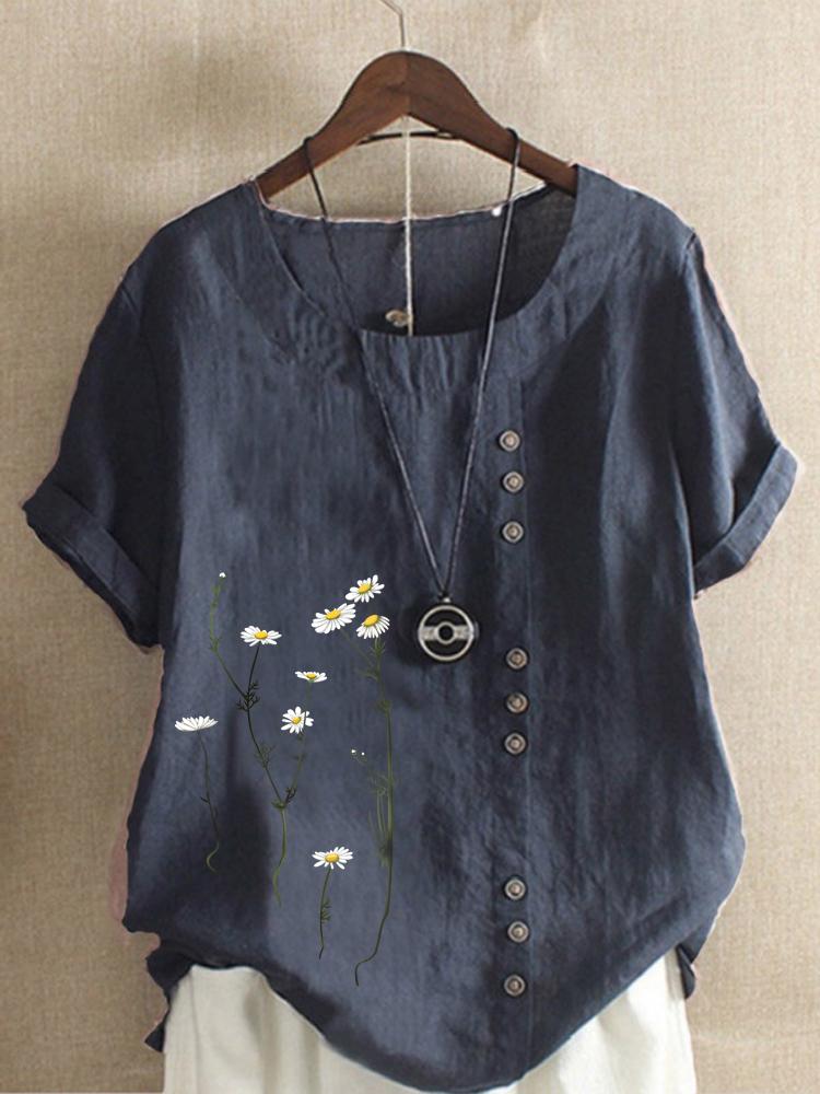 Cotton and Linen Printed T Shirt Tops Women's Summer Loose T Shirt Shirts