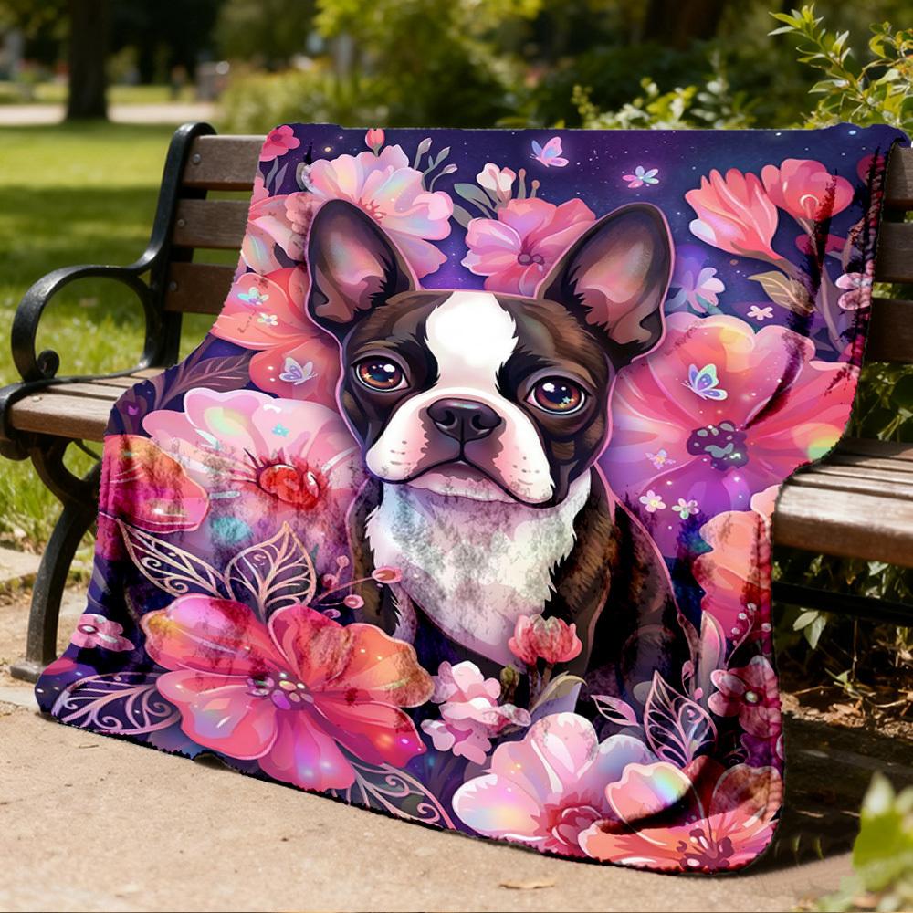 1pc Floral Boston TerrierOutdoor Blanket, Soft And Comfortable Blanket, Casual Warm Outdoor Blanket, Good Birthday Gift yy260328065