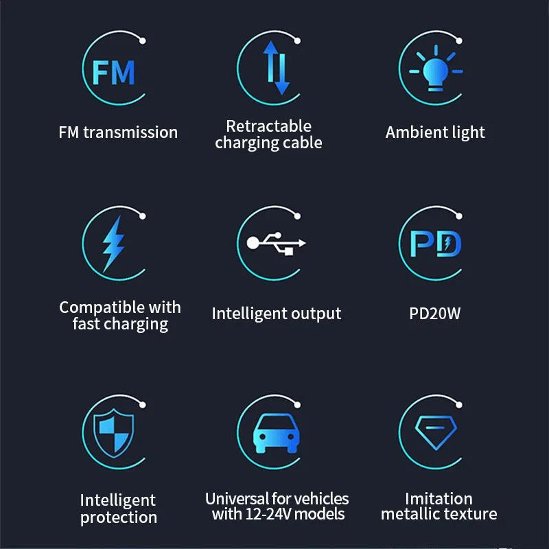 Автомобильное зарядное устройство 4 в 1 Bluetooth FM-трансмиттер USB Type C Адаптер быстрой зарядки с цифровым дисплеем Зарядка прикуривателя