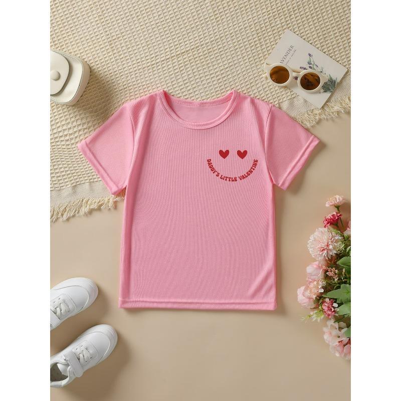 Европейские размеры Девочки Летняя Мода Футболка с коротким рукавом DADDYS LITTLE VALENTINE Клетчатый и Сердечно-глазый Мультяшный Принт Повседневная С круглым вырезом