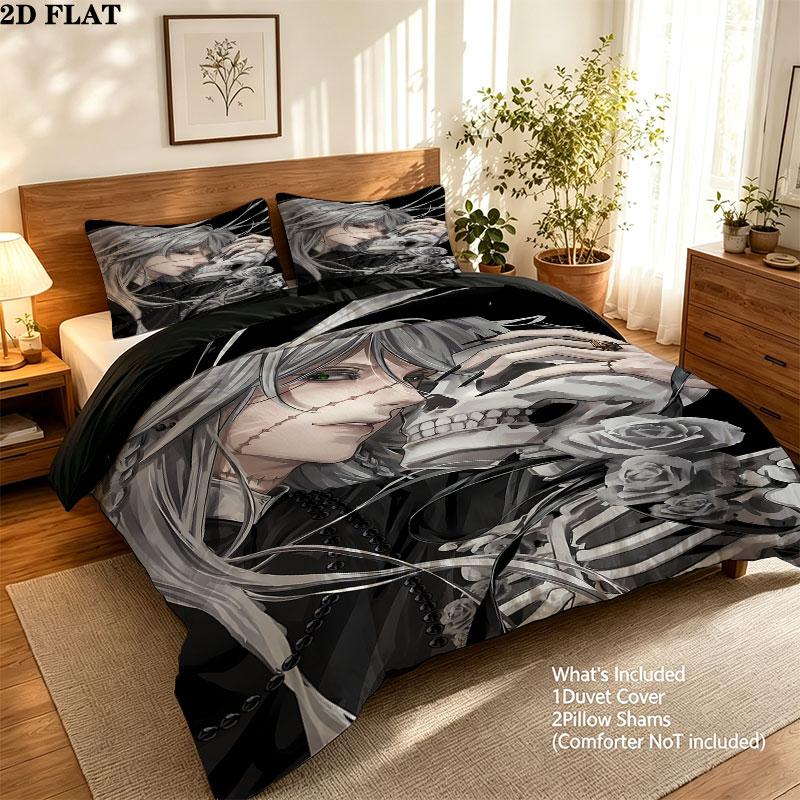 Black Butler Pattern Bedding Quilt Set Quilt Cover Pillowcase Home Birthday Gift(1 * duvet cover + 2 * pillowcase, without core)