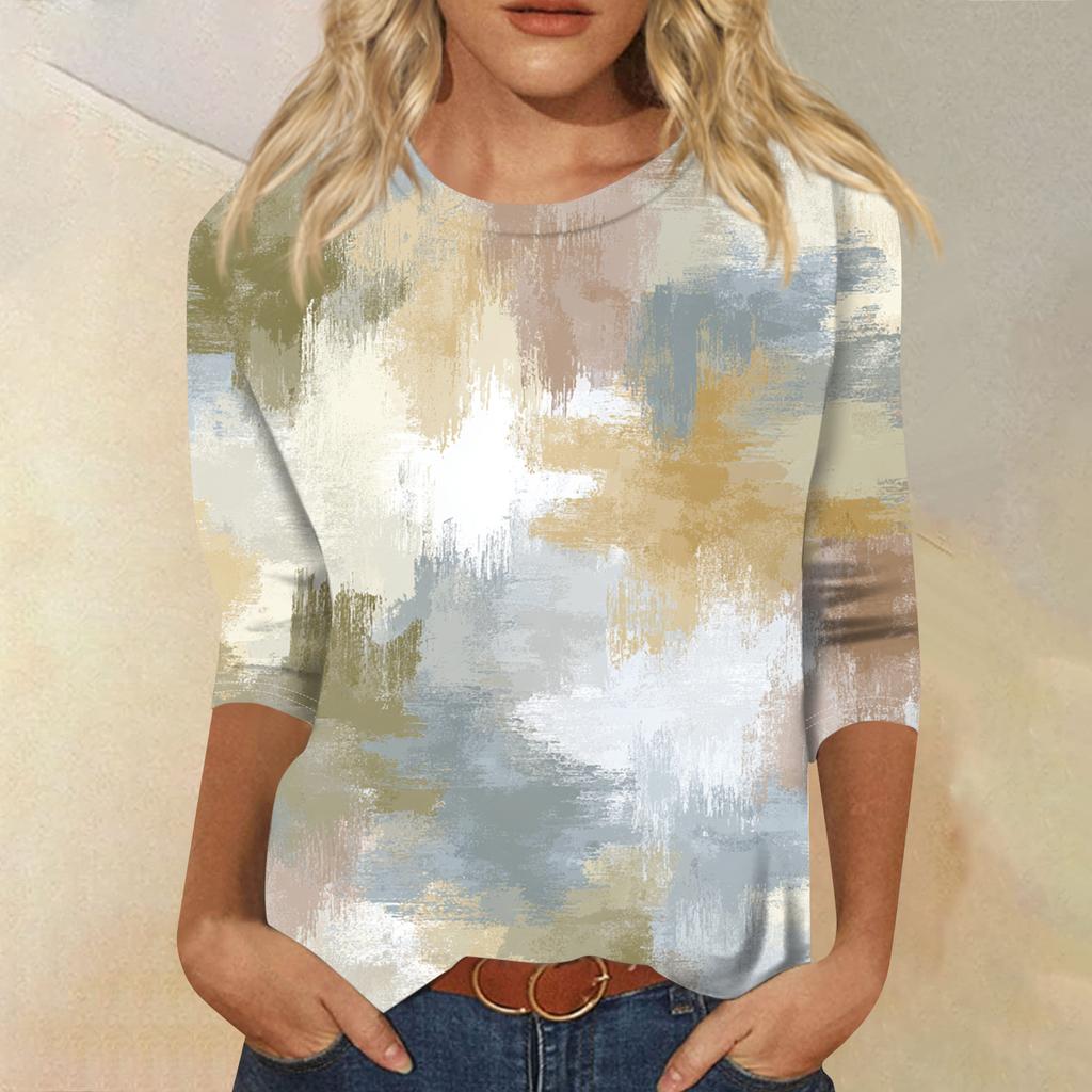 Женская модная повседневная футболка с круглым вырезом, рукавом три четверти и градиентным принтом