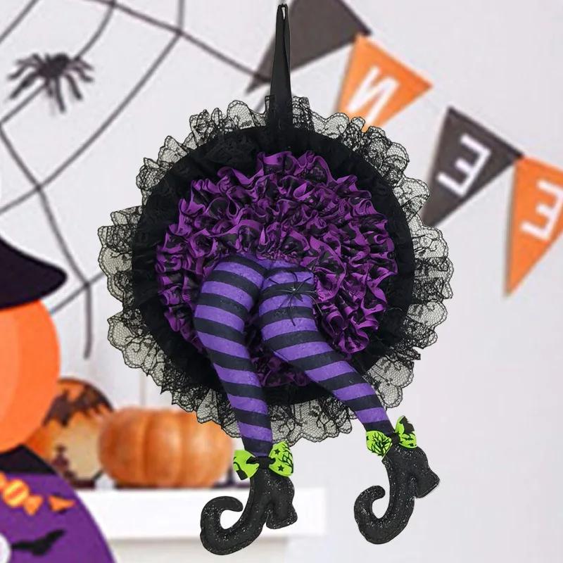 1 Pcs Halloween Witch Hat Leg Door Wreath Halloween Wreath Door Hanging Terrifying Atmosphere Decoration Happy Party Supplies