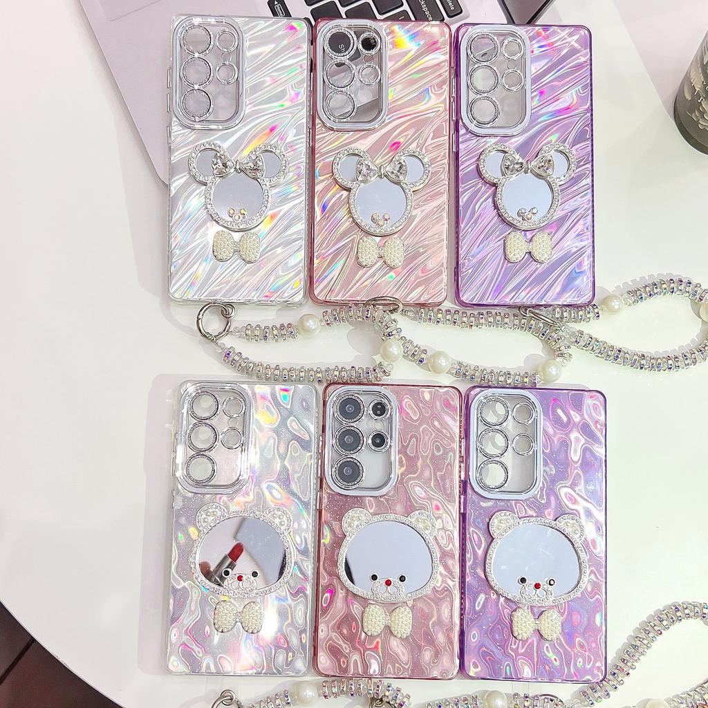 Advanced Wrinkles Suitable for Samsung S25ultra Bracelet Mobile Phone Case S24 Cartoon Mirror A56 Flash Powder Lens Film