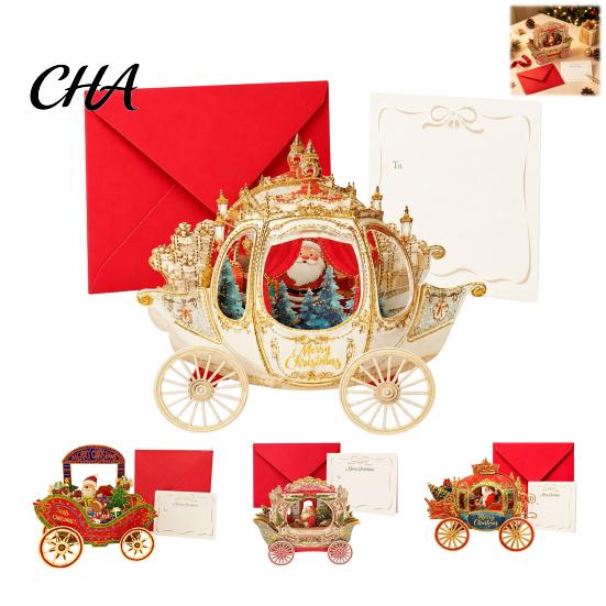 Festive Party Supplies 3D Christmas Carriage Pop Up Card, Vintage Santa on DIY Craft Greeting Cards Sleigh Tabletop Decoration, Holiday Card