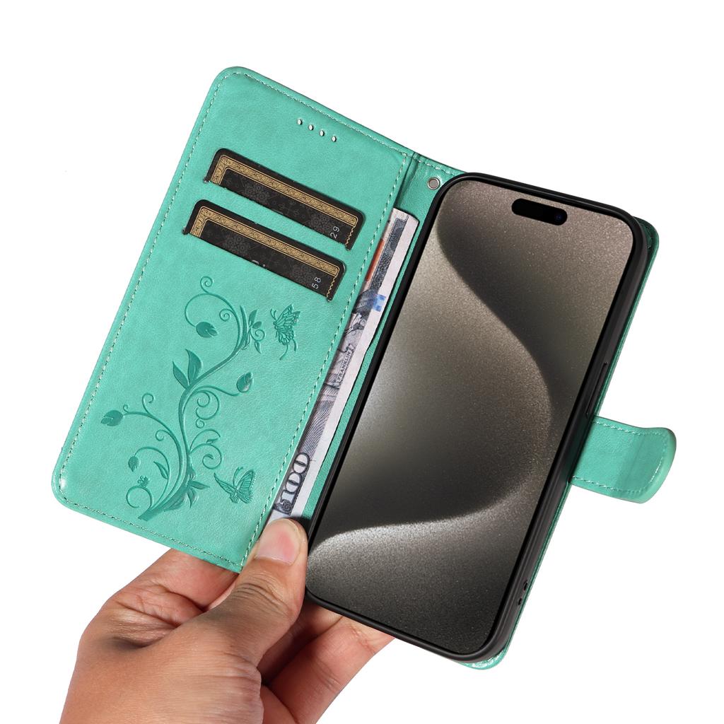 For iPhone 15 Pro Max PU Leather Cases Flower Pattern Wallet Stand Phone Cover with Strap