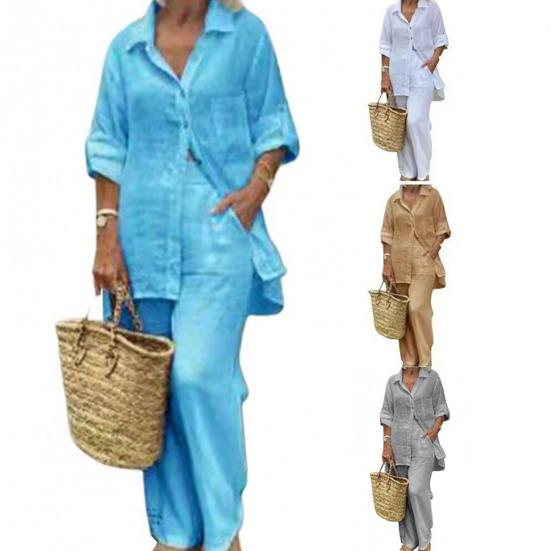 2 Pcs/Set Women Shirt Pants Set Solid Color Turn-down Collar Long Sleeve Top Wide Leg Elastic Waist Loose Pants Commute Clothes Blouse Trousers Set