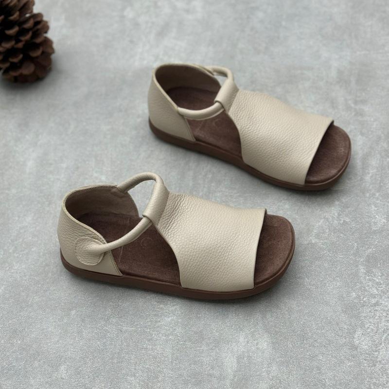 Handmade Genuine Leather Fish-mouth Sandals Summer Flat Shoes Velcro Soft Cowhide Women's Sandals