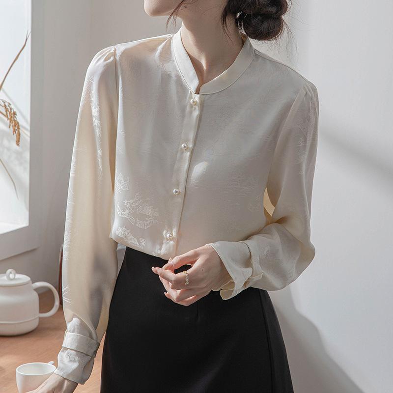 Жаккардовая рубашка с воротником-стойкой для женщин, весенне-осенний нишевый винтажный французский многослойный топ