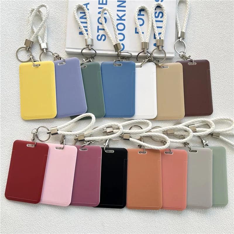 Ins Solid Color ID Card Holder Student Bus Card Case Badge Cards Cover Women Credit Card Holder with Hand Rope Lanyard