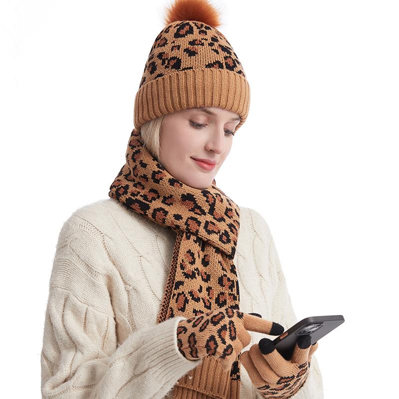 European and American Autumn and Winter Leopard Print Warm Knitted Wool Hat Scarf Gloves Three Piece Set