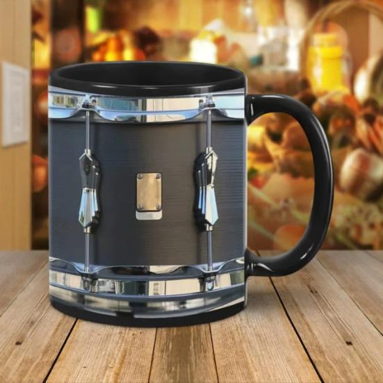 Black Vintage Drum Mug 11 Oz Funny Drummer Gift for Music Lovers Sturdy Coffee Cup for Home Office Tea Hot