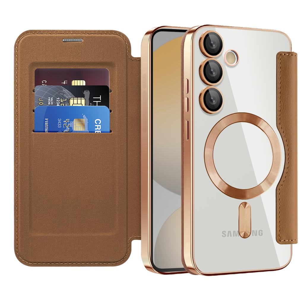 Магнитный кожаный чехол-кошелек для телефона Samsung S22 S23 S24 S25 plus Ultra A55 A35 A16 A05 с откидной крышкой и беспроводной зарядкой, держатель для карт Magsafe