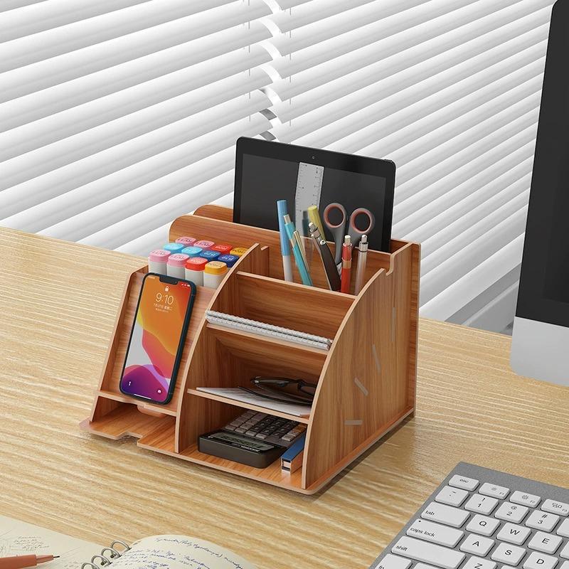 Organizador de escritorio de madera para teléfono móvil papelería y accesorios de oficina