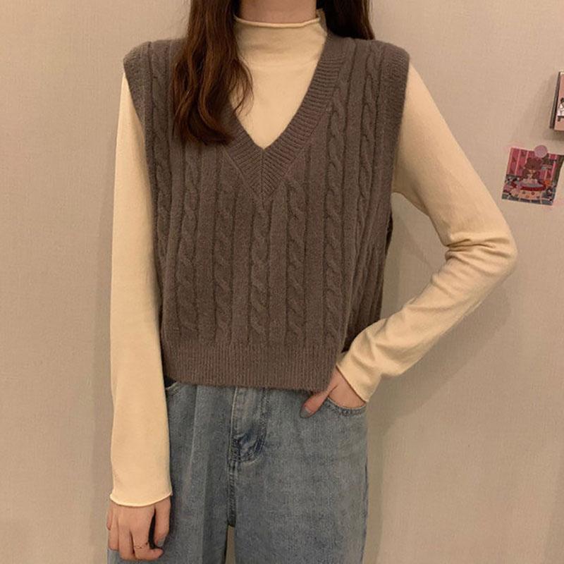 Loose V-neck Knitted Vest Women Spring Autumn and Winter Solid Color Twist All-match Waistcoat Sweater Vest