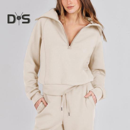 2 Pcs/Set Fall Winter Coat Trouser Suit Lapel Solid Color Thick Loose Solid Color Zipper Decor Long Sleeve Wide Leg Drawstring Elastic Waist Lady
