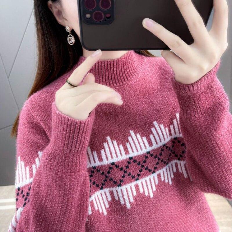 Pullover Sweater Women Mink Down Autumn and Winter 2023 Half High Collar Loose Knitted Undercoat Casual Pullover Sweater Women