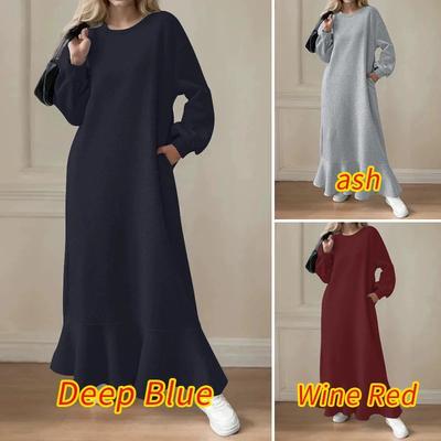 Женское платье макси с длинным рукавом, круглой горловиной, платье-свитшот, длинное платье, свободное платье-свинг с оборками