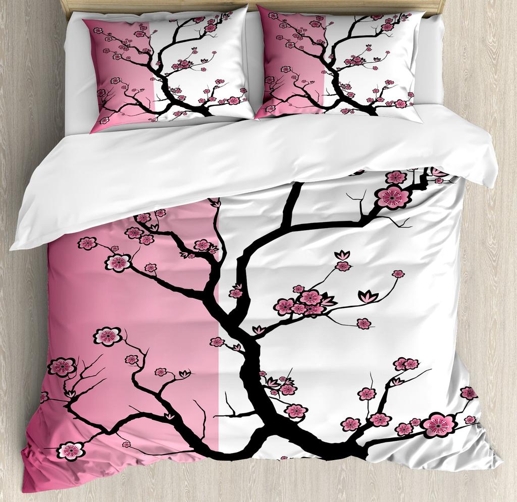 Cherry Blossoms Bedding Set Romantic Theme Pink Comforter Cover Set Duvet Cover Women Girls Couple Teen Soft Comforter,Full Size
