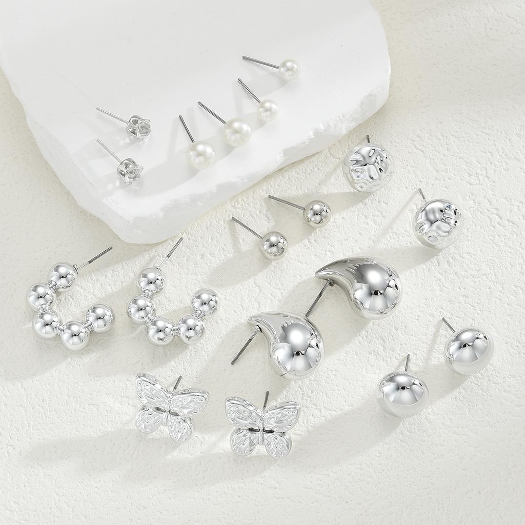 9 Pairs Bohemian Butterfly Earring Set for Women Silver Color Pearl Zircon Geometric Water Drop Earrings Daily Wear Jewelry Gift