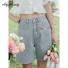 Korean Style Summer Women Light Blue Denim Shorts High Waist Floral Embroidery Straight Short Jeans Sweet Girl's Loose Streetwear  Shorts