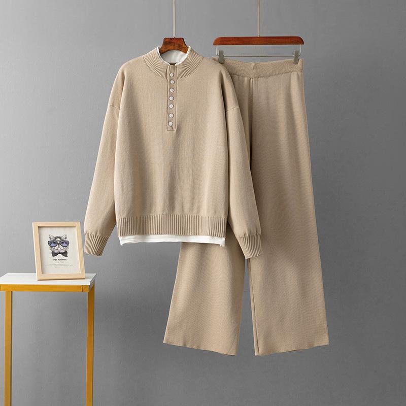 Модный повседневный шерстяной костюм женский осенне-зимний новый свободный свитер вязаные широкие брюки комплект из двух предметов