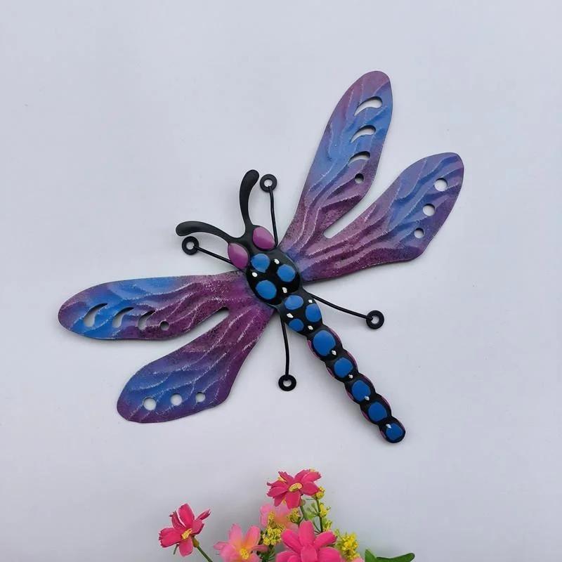 Outdoor Dragonfly Bee Decoration Colorful 3d Iron Wall Hanging Art Sculpture Garden Supplies Garden Statues Sculptures